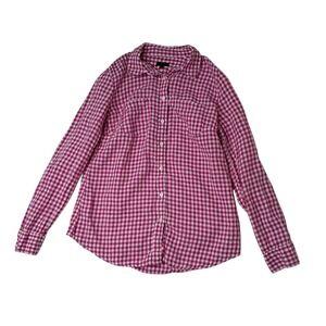 Talbots Button Up Shirt Womens Small Pink Gingham 100% Linen Shirt‎ Long Sleeve